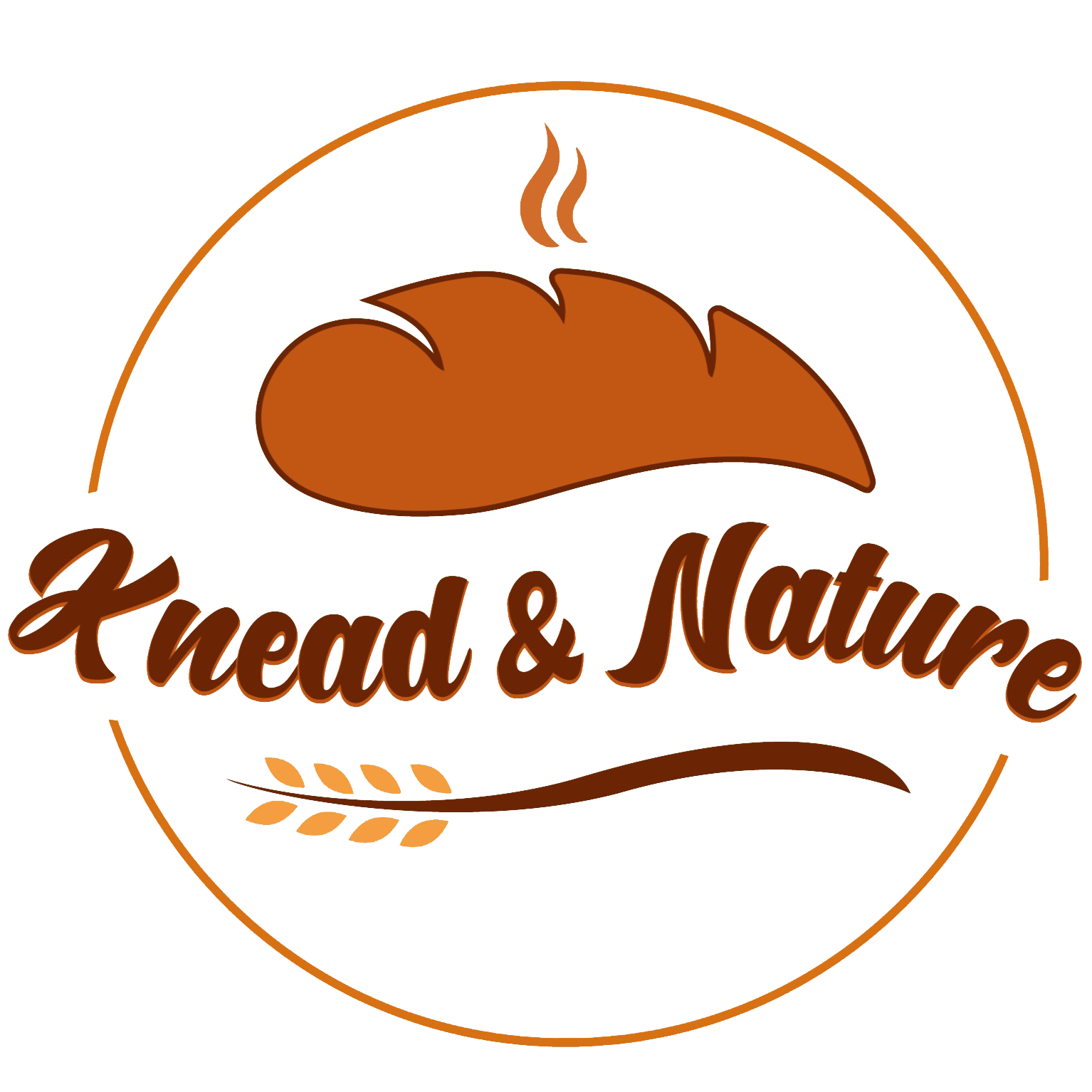 Logo of "Knead & Nature" with a stylized brown bread loaf and wheat.